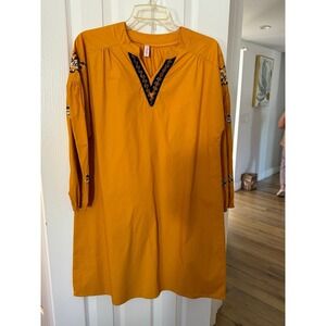Mustard Embroidered Peasant Dress‎ Bohemian Tunic Top Long Sleeve